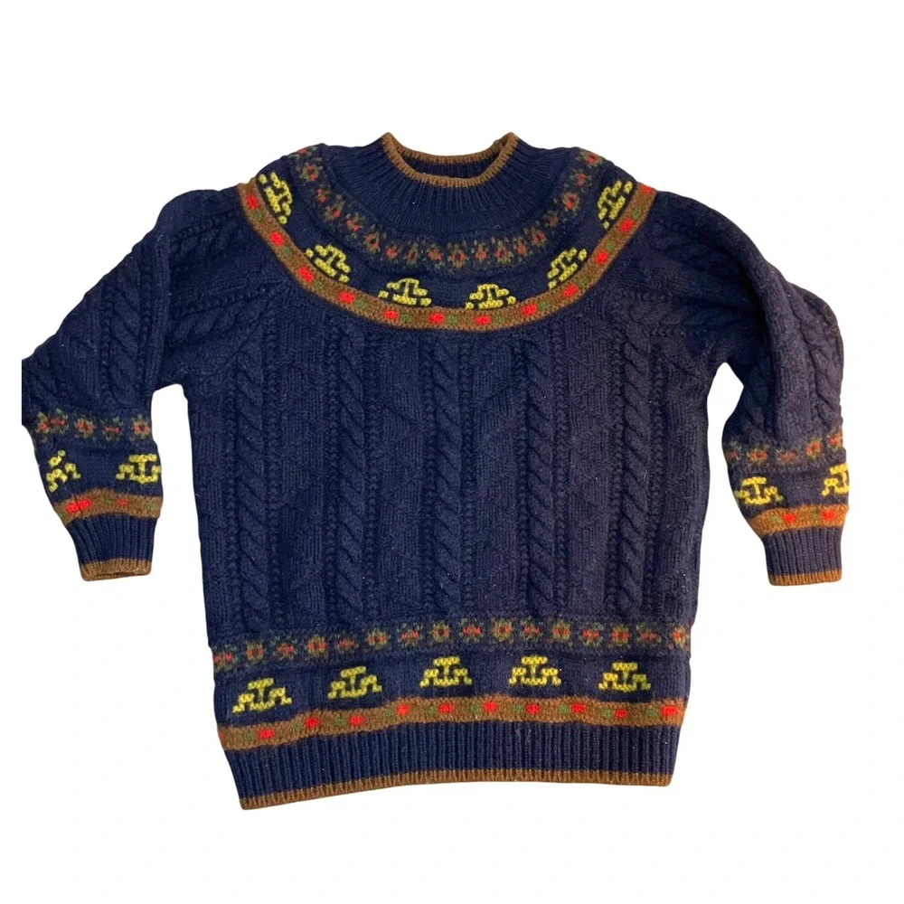 VNTG United Colors of Benetton Shetland Wool Fair Isle Cable Knit Sweater Nordic